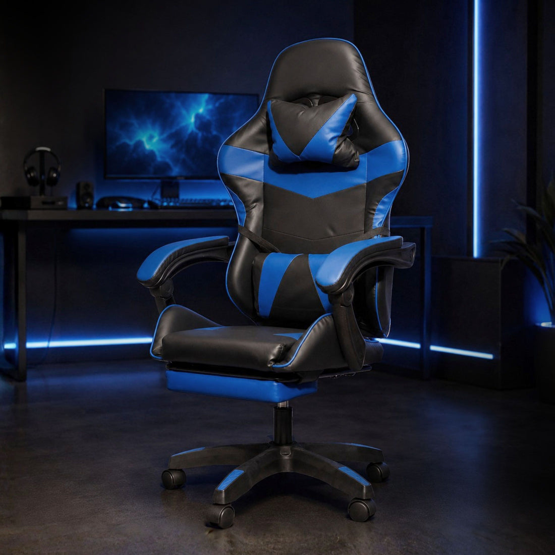 HAVAI Vortex BLUE Gaming Chair | Ergonomic High Back Computer Chair with Linkage Armrests | Reclining &amp; Folding Backrest | Premium 0.55mm PVC Upholstery | High Density Foam Cushion | Class 1 Gas Lift | 320mm Nylon Base | Heavy Duty Wheels | (Blue &amp; Black)