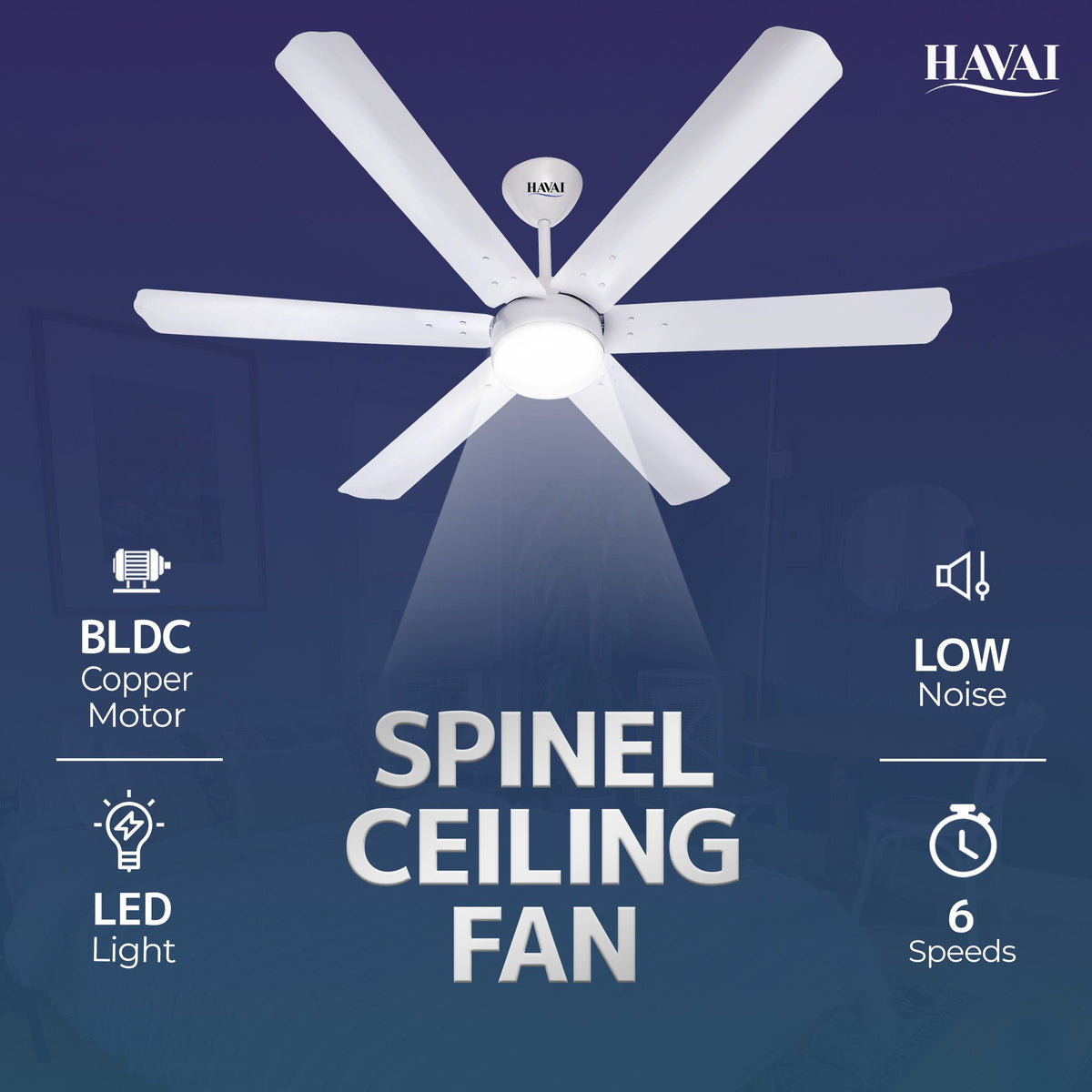 HAVAI Spinel BLDC Ceiling Fan 35W, 1200mm Blade with Remote - Pearl White, 9W LED Light