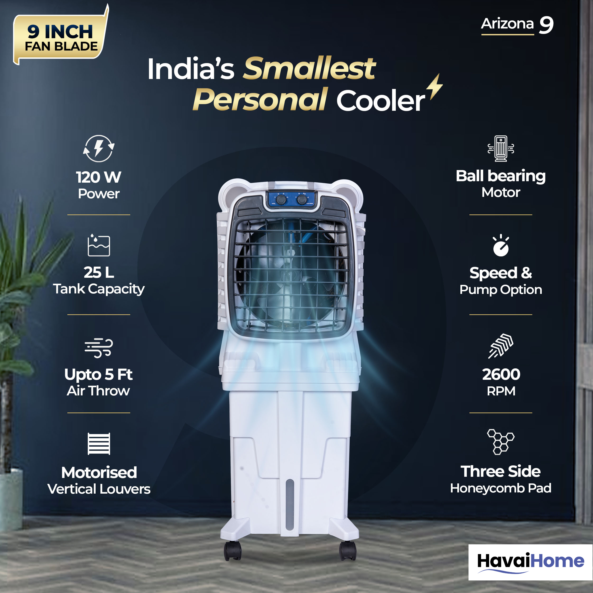 HAVAI Arizona 9 Personal Air Cooler | 9-Inch Blade | 25L Tank | 3-Side Honeycomb Pads | Motorised Louvers | White