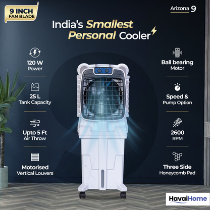 HAVAI Arizona 9 Personal Air Cooler | 9-Inch Blade | 25L Tank | 3-Side Honeycomb Pads | Motorised Louvers | White