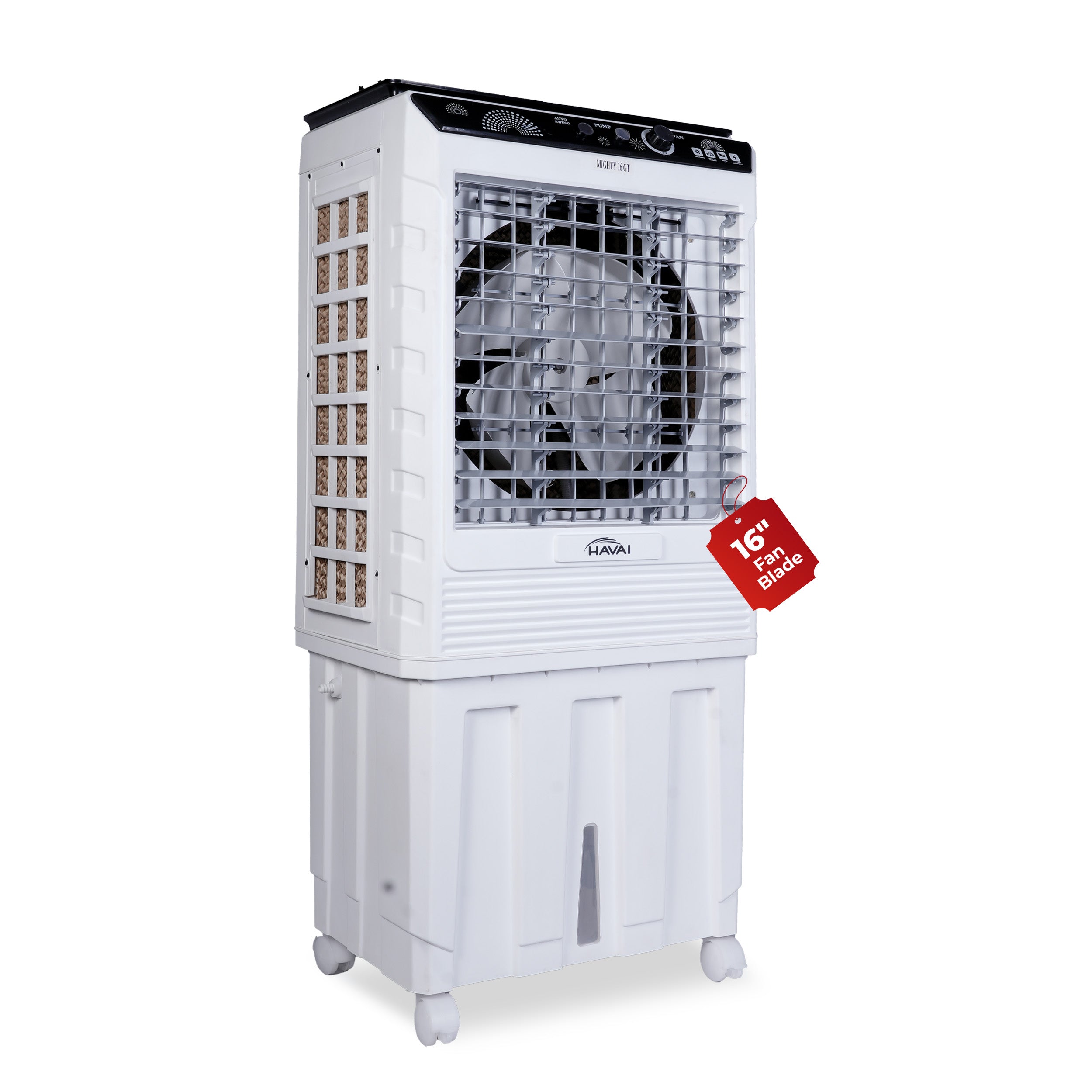 HAVAI Mighty 16 GT Glass Top Desert Air Cooler for Home &amp; Commercial Use | 16 Inch Fan, 100L Tank, 5190 m³/hr Air Delivery | 350 Sq Ft Coverage | Honeycomb Pads, Aluminium Motor, Low Noise | White &amp; Grey
