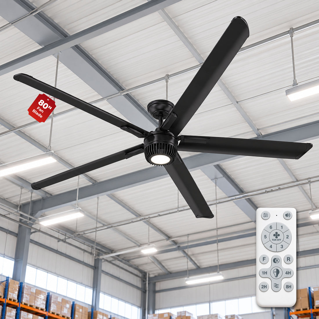 Havai Mini HVLS BLDC Ceiling Fan 80 Inch, 6500 CFM Commercial 95W BLDC Motor, 6,500 CFM Air Volume, 130 RPM, 850 Sq. Ft. Coverage, 5 Aluminium Blades, 18W 3-Colour Light, Remote
