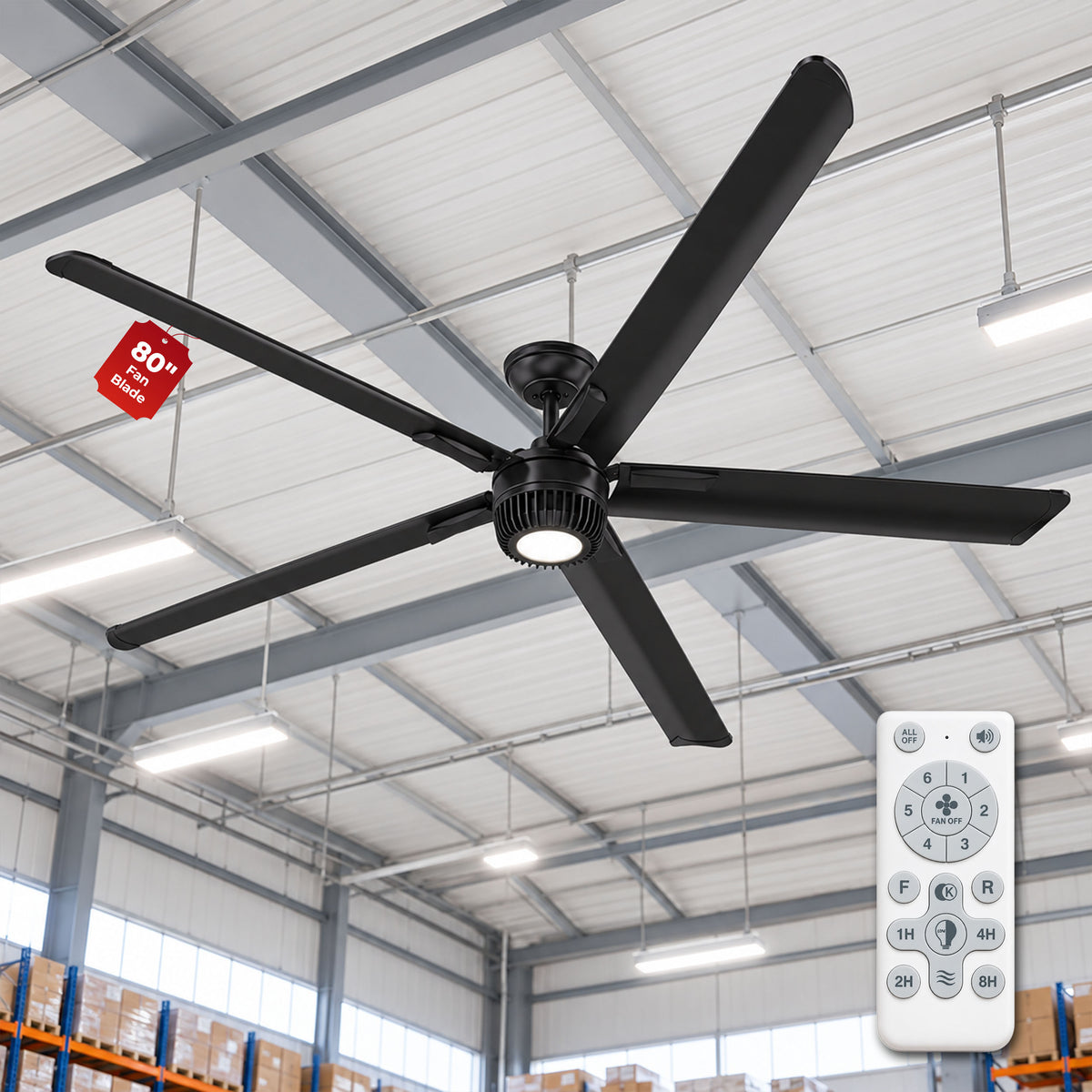 Havai Mini HVLS BLDC Ceiling Fan 80 Inch, 6500 CFM Commercial 95W BLDC Motor, 6,500 CFM Air Volume, 130 RPM, 850 Sq. Ft. Coverage, 5 Aluminium Blades, 18W 3-Colour Light, Remote