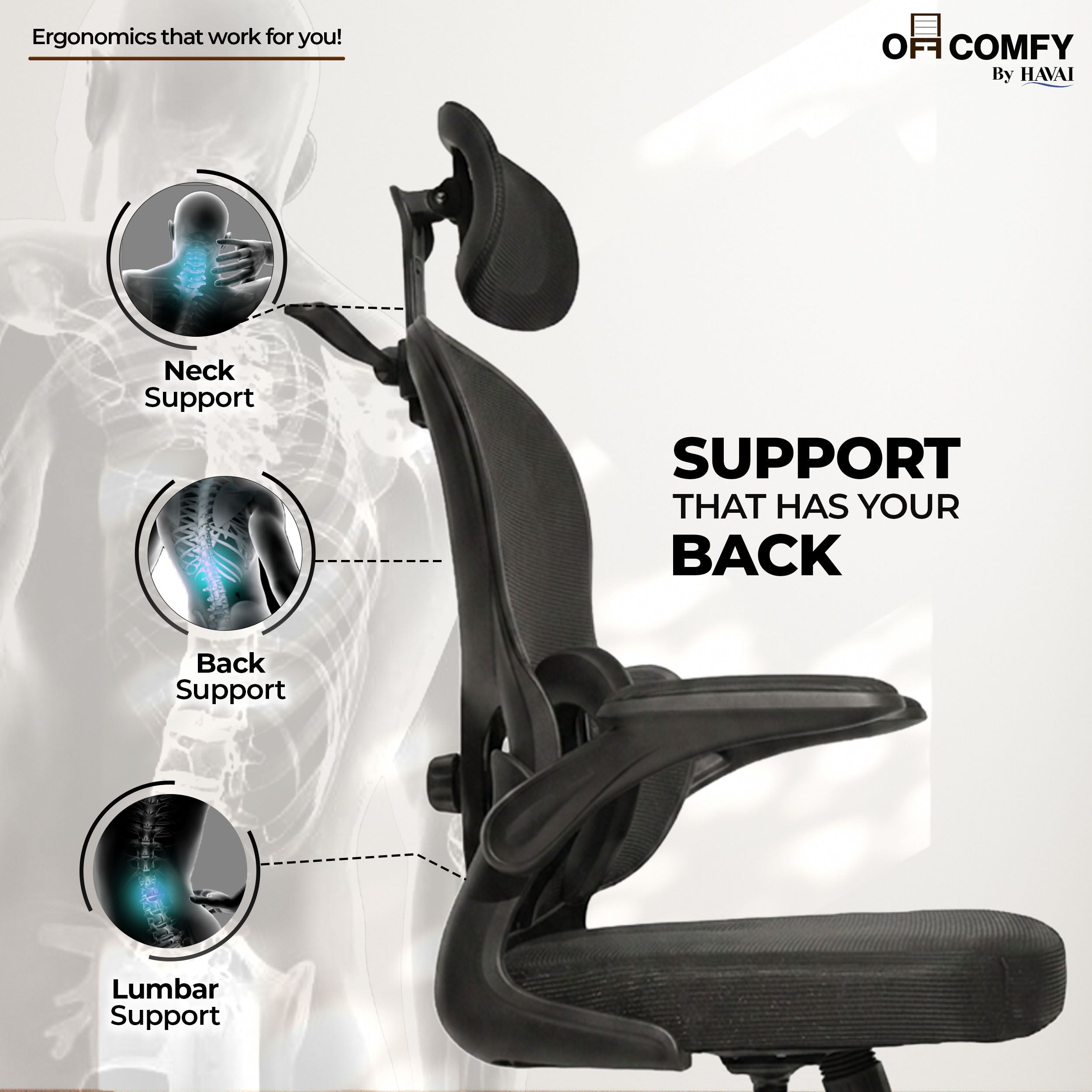 HAVAI Velmora Ergonomic Office Chair | High Back Mesh Chair with Reclining Mechanism, Adjustable Armrest, Headrest &amp; Lumbar Support | Nylon Base &amp; Wheels | Executive/WFH Chair (Black)