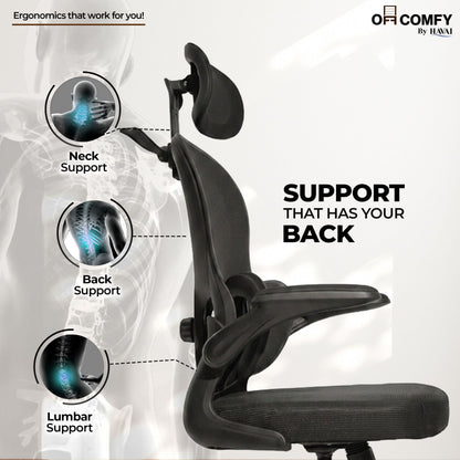 HAVAI Velmora Ergonomic Office Chair | High Back Mesh Chair with Reclining Mechanism, Adjustable Armrest, Headrest &amp; Lumbar Support | Nylon Base &amp; Wheels | Executive/WFH Chair (Black)