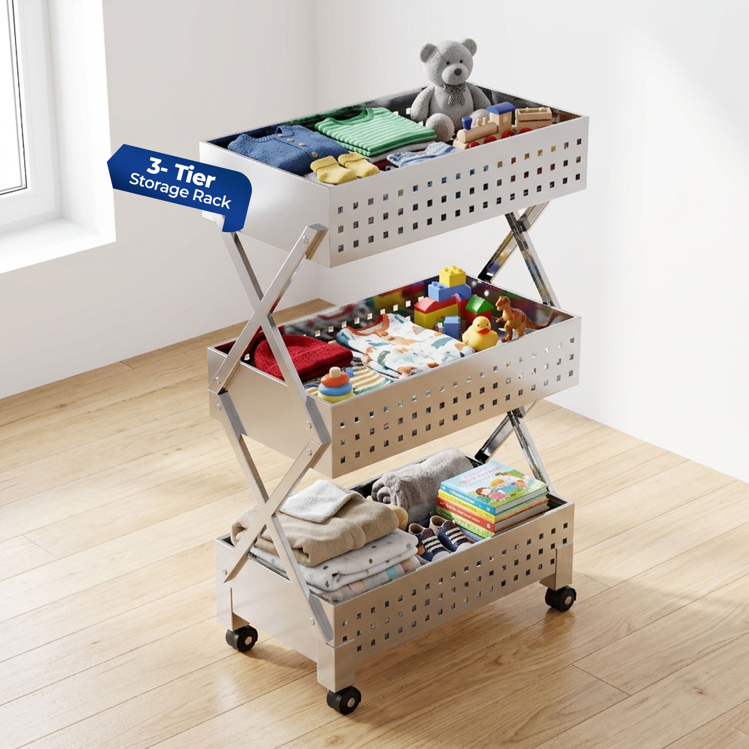 HAVAI Stainless Steel Multipurpose Storage Trolley with Wheels (Chrome, 3)