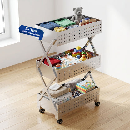 HAVAI Stainless Steel Multipurpose Storage Trolley with Wheels (Chrome, 3)