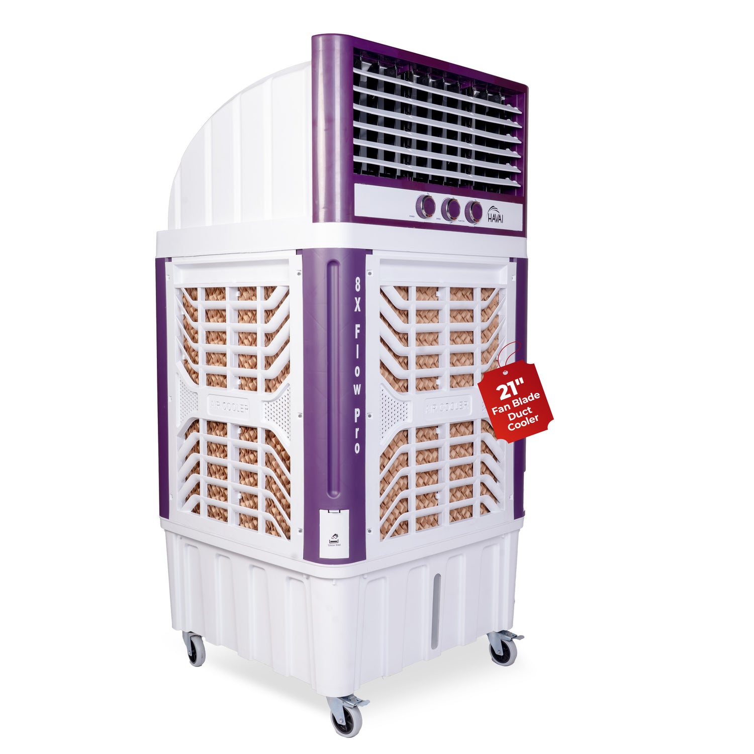 HAVAI 8X Flo Pro Plastic Body Duct Air Cooler | 100L Tank | 21” 4-Leaf Fan | 8500 m³/hr Airflow | 30 ft Air Throw | Double Ball Bearing Motor | 4-Side Honeycomb Cooling