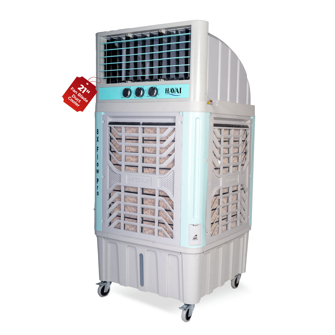 HAVAI 8X Flo Pro Plastic Body Duct Air Cooler | 100L Tank | 21” 4-Leaf Fan | 8500 m³/hr Airflow | 30 ft Air Throw | Double Ball Bearing Motor | 4-Side Honeycomb Cooling