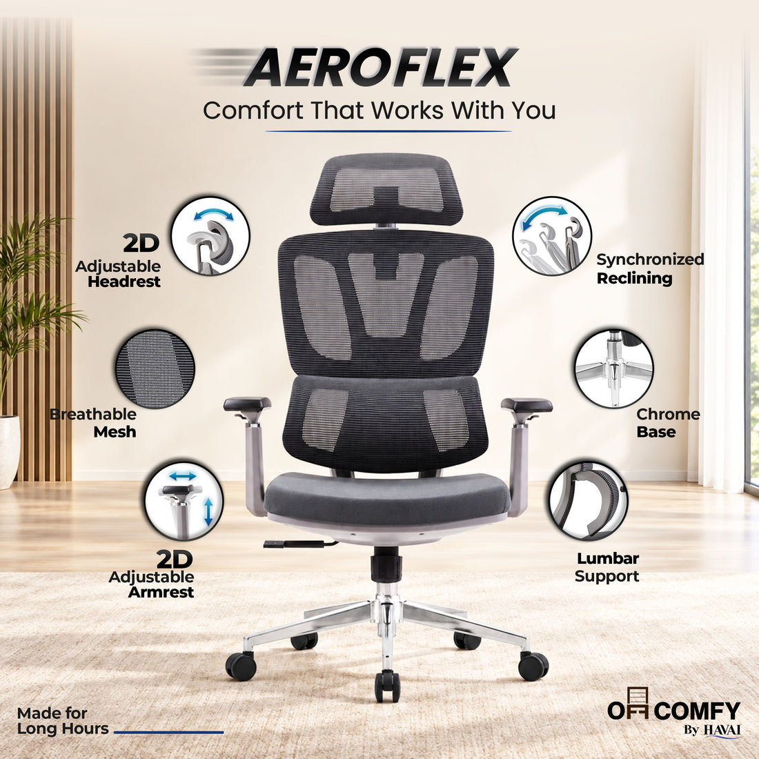 Havai AeroFlex High Back Office Chair | Ergonomic High Back Mesh | Adjustable Headrest | Lumbar Support | Reclining Function | Height Adjustable | 2D Adjustable Armrests | Comfortable Cushioned Seat | Chrome Five-Star Base | Smooth Rolling Casters | Grey
