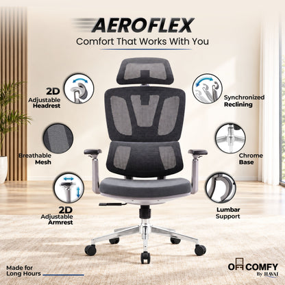 Havai AeroFlex High Back Office Chair | Ergonomic High Back Mesh | Adjustable Headrest | Lumbar Support | Reclining Function | Height Adjustable | 2D Adjustable Armrests | Comfortable Cushioned Seat | Chrome Five-Star Base | Smooth Rolling Casters | Grey