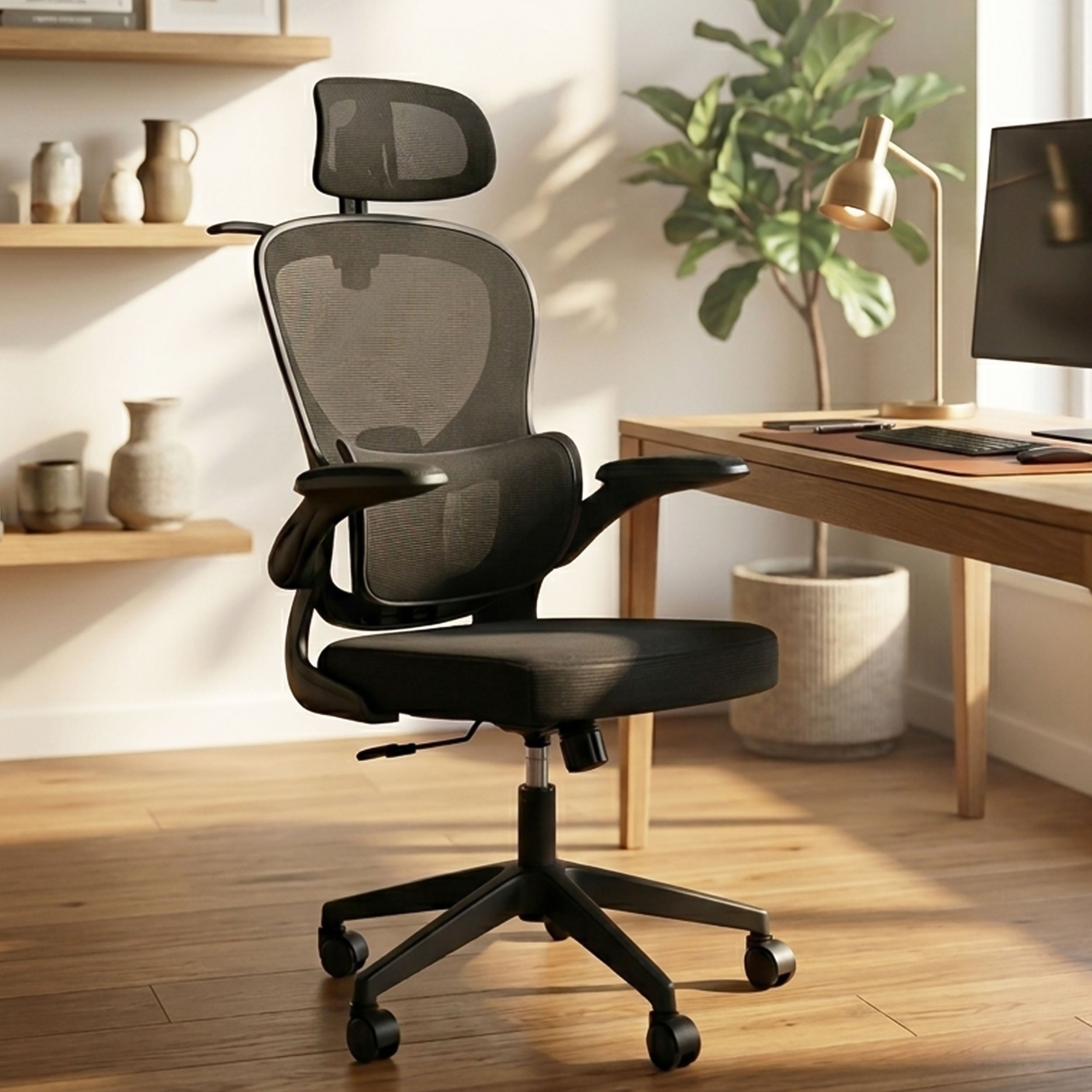 HAVAI Velmora Ergonomic Office Chair | High Back Mesh Chair with Reclining Mechanism, Adjustable Armrest, Headrest &amp; Lumbar Support | Nylon Base &amp; Wheels | Executive/WFH Chair (Black)