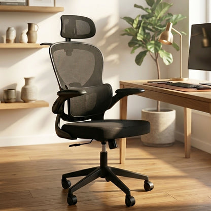 HAVAI Velmora Ergonomic Office Chair | High Back Mesh Chair with Reclining Mechanism, Adjustable Armrest, Headrest &amp; Lumbar Support | Nylon Base &amp; Wheels | Executive/WFH Chair (Black)