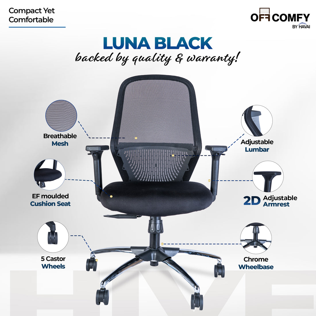 HAVAI Off-Comfy Luna Black Ergonomic Office Chair | Yuva Mesh Back | 2D Arms with TPU Pad | Synchro Tilt with Lock | Class 4 Samhongsa Gaslift | Claw Chrome Base | 60mm Castors(Black)