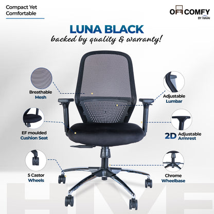 HAVAI Off-Comfy Luna Black Ergonomic Office Chair | Yuva Mesh Back | 2D Arms with TPU Pad | Synchro Tilt with Lock | Class 4 Samhongsa Gaslift | Claw Chrome Base | 60mm Castors(Black)