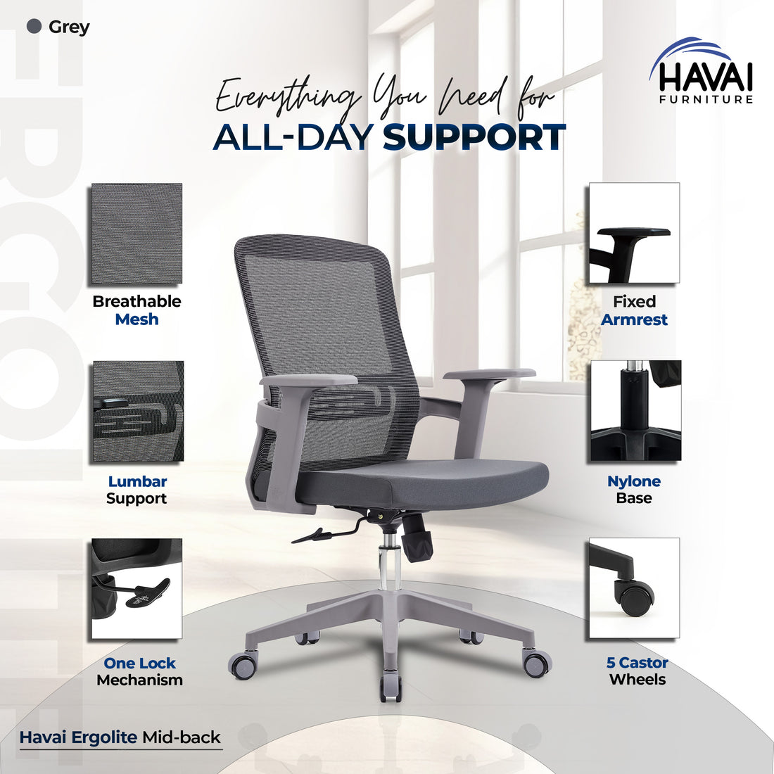 HAVAI Ergolite Mid Back Ergonomic Mesh Office Chair |  One Lock Tilt Mechanism | Fixed Armrests | Nylon Base |  Breathable Mesh Back (Grey)