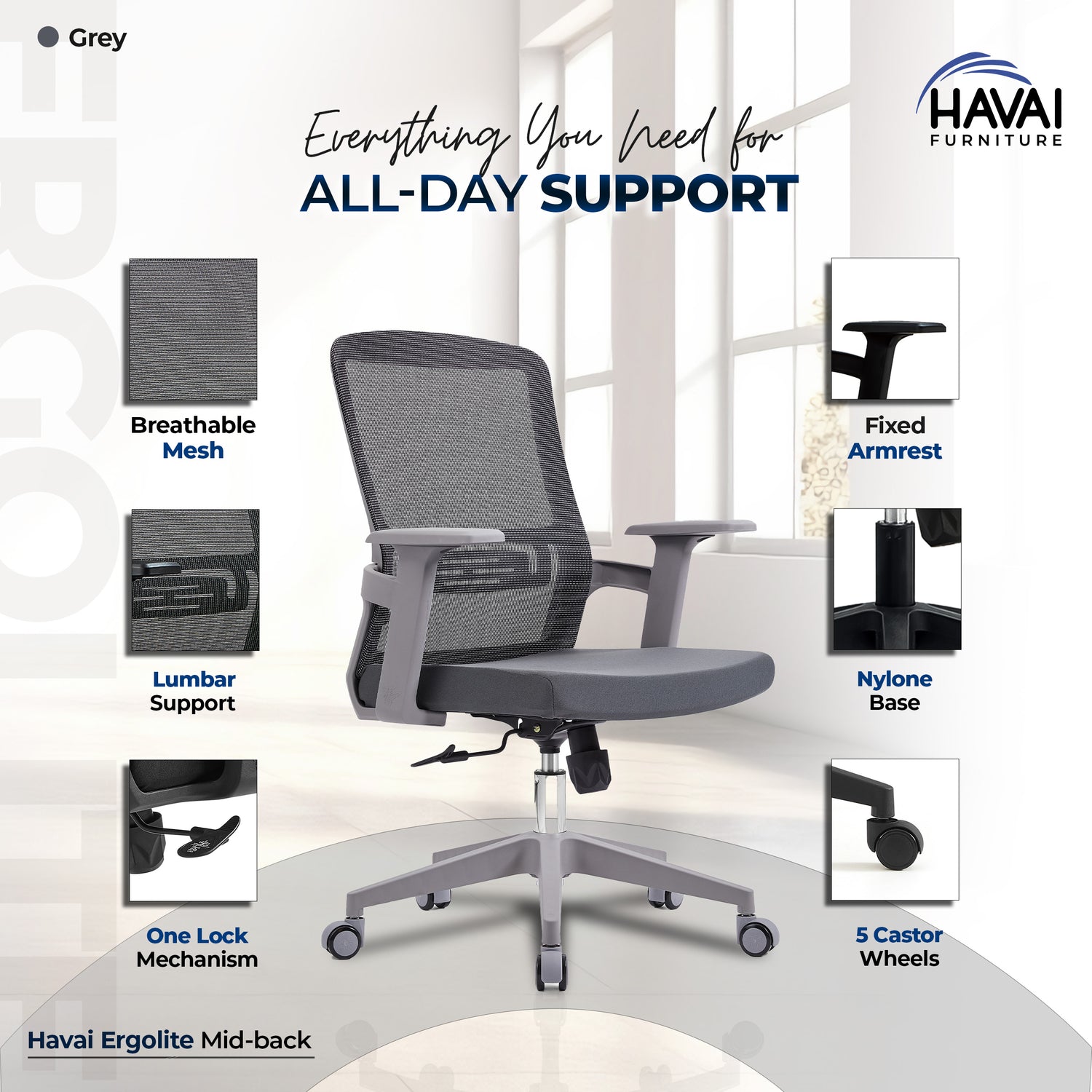 HAVAI Ergolite Mid Back Ergonomic Mesh Office Chair |  One Lock Tilt Mechanism | Fixed Armrests | Nylon Base |  Breathable Mesh Back (Grey)