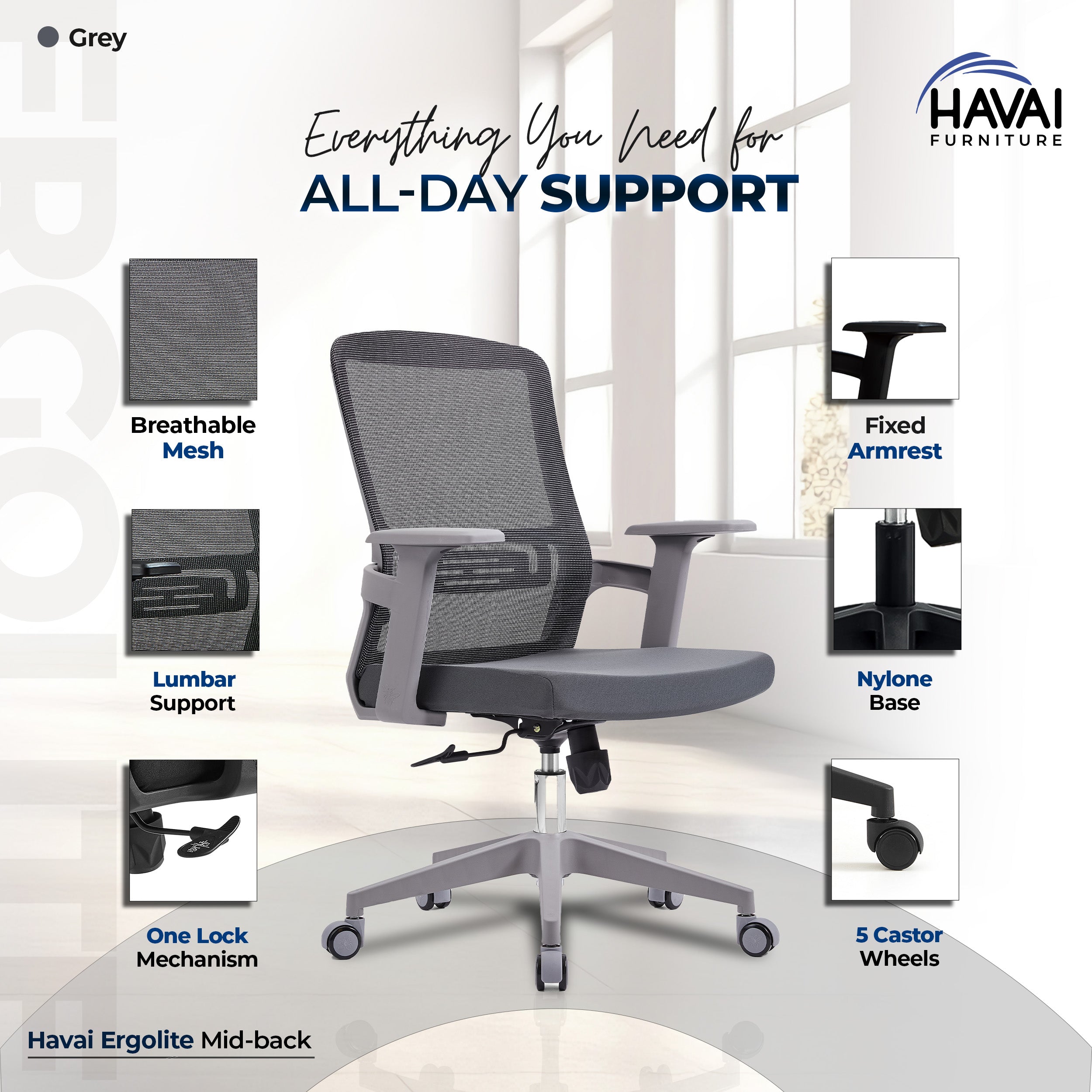 HAVAI Ergolite Mid Back Ergonomic Mesh Office Chair |  One Lock Tilt Mechanism | Fixed Armrests | Nylon Base |  Breathable Mesh Back (Grey)