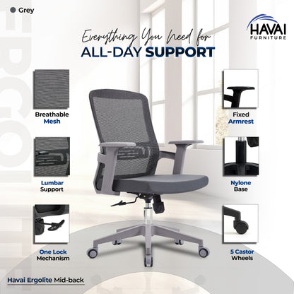 HAVAI Ergolite Mid Back Ergonomic Mesh Office Chair |  One Lock Tilt Mechanism | Fixed Armrests | Nylon Base |  Breathable Mesh Back (Grey)
