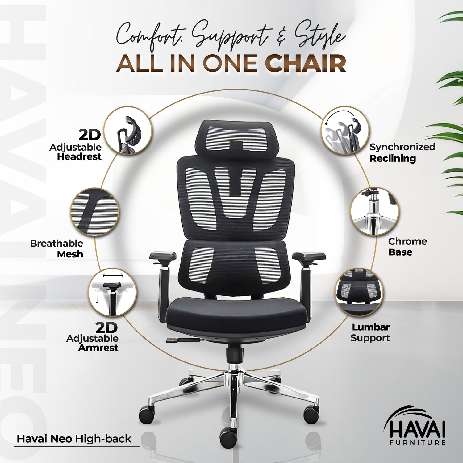 HAVAI Neo High Back Ergonomic Mesh Office Chair |  Multi-Lock Mechanism | Chrome Base | 3D Armrests with PU Pads  | Adjustable Headrest | Breathable Mesh Back (Black