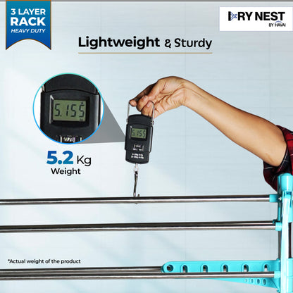 HAVAI DryNest 5.2 KG Premium Clothes Drying Stand with Wheels | Heavy-Duty Rust-Free Steel &amp; Strong Steel Rods | 3-Layer Foldable Jumbo Rack | Portable &amp; Balcony-Friendly