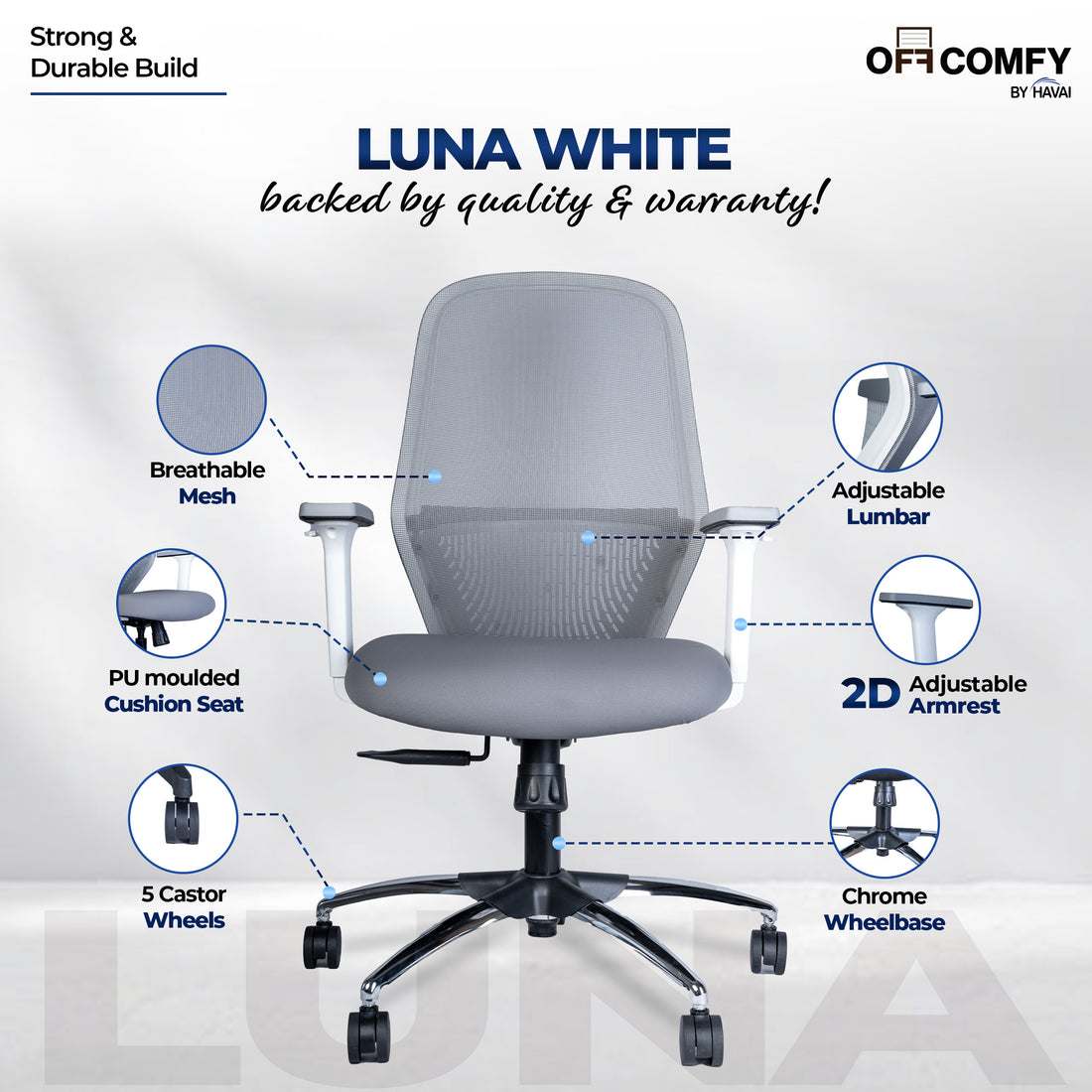HAVAI Off-Comfy Luna Ergonomic Office Chair | Yuva Mesh Back | 2D Arms with TPU Pad | Synchro Tilt with Lock | Class 4 Samhongsa Gaslift | Claw Chrome Base | 60mm Castors (White)
