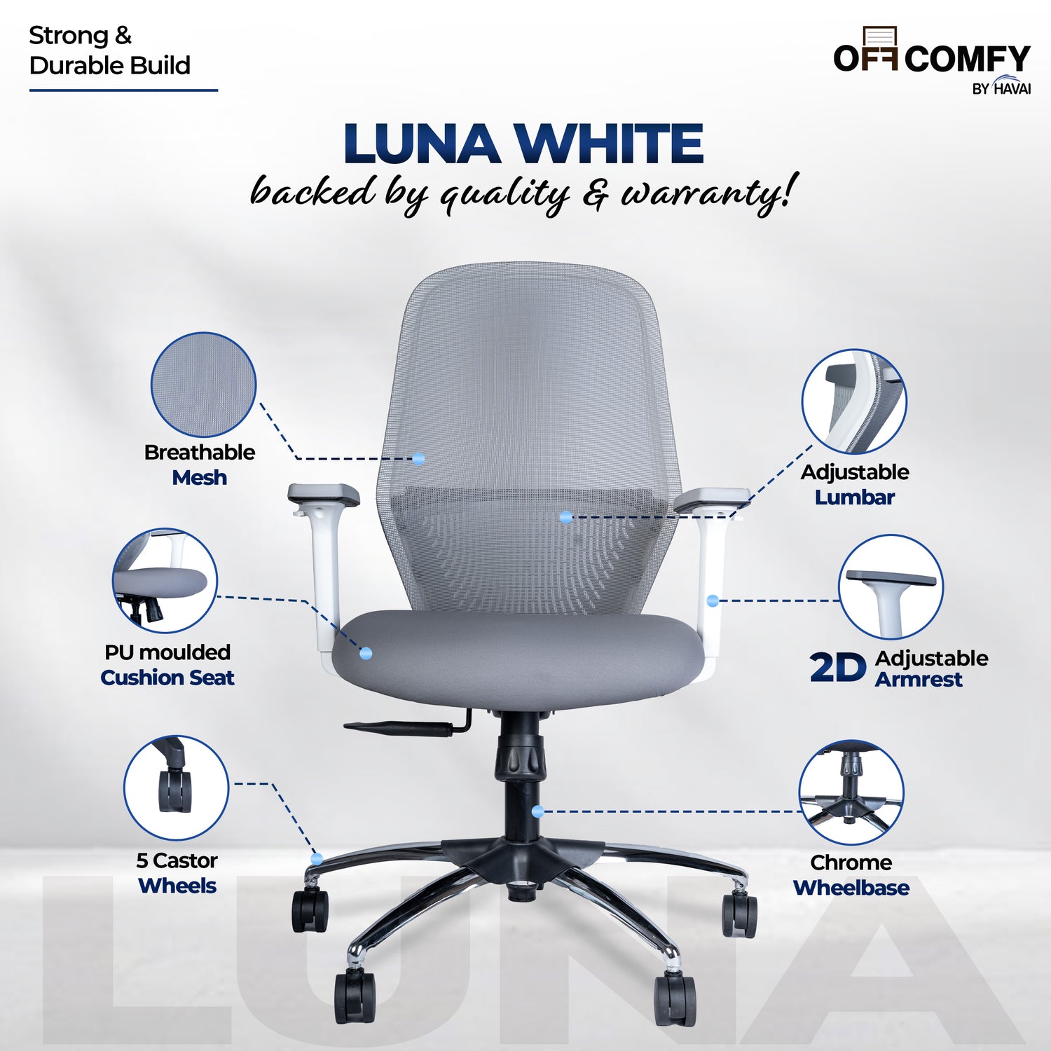 HAVAI Off-Comfy Luna Ergonomic Office Chair | Yuva Mesh Back | 2D Arms with TPU Pad | Synchro Tilt with Lock | Class 4 Samhongsa Gaslift | Claw Chrome Base | 60mm Castors (White)