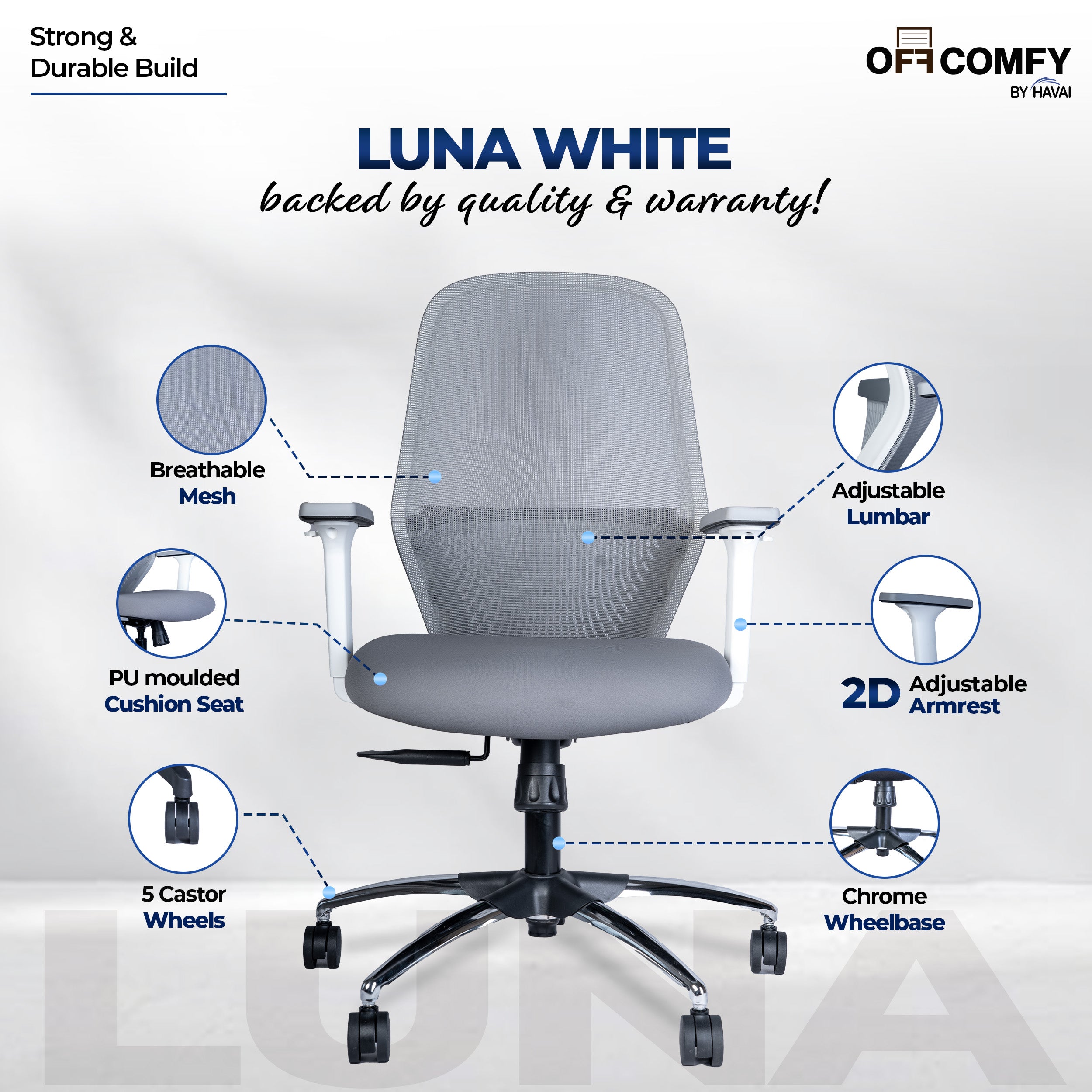 HAVAI Off-Comfy Luna Ergonomic Office Chair | Yuva Mesh Back | 2D Arms with TPU Pad | Synchro Tilt with Lock | Class 4 Samhongsa Gaslift | Claw Chrome Base | 60mm Castors (White)