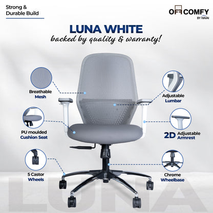 HAVAI Off-Comfy Luna Ergonomic Office Chair | Yuva Mesh Back | 2D Arms with TPU Pad | Synchro Tilt with Lock | Class 4 Samhongsa Gaslift | Claw Chrome Base | 60mm Castors (White)