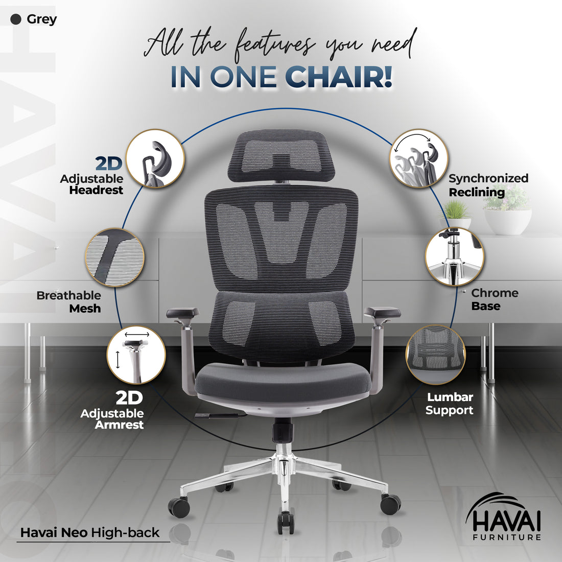 HAVAI Neo High Back Ergonomic Mesh Office Chair |  Multi-Lock Mechanism | Chrome Base | 3D Armrests with PU Pads  | Adjustable Headrest | Breathable Mesh Back (Grey)