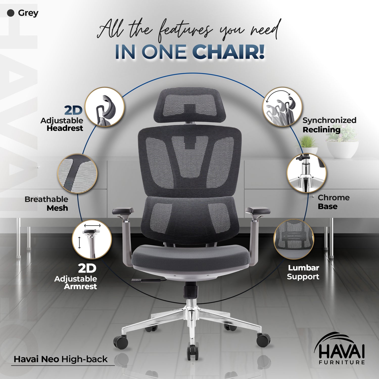 HAVAI Neo High Back Ergonomic Mesh Office Chair |  Multi-Lock Mechanism | Chrome Base | 3D Armrests with PU Pads  | Adjustable Headrest | Breathable Mesh Back (Grey)