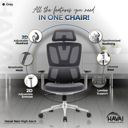 HAVAI Neo High Back Ergonomic Mesh Office Chair |  Multi-Lock Mechanism | Chrome Base | 3D Armrests with PU Pads  | Adjustable Headrest | Breathable Mesh Back (Grey)