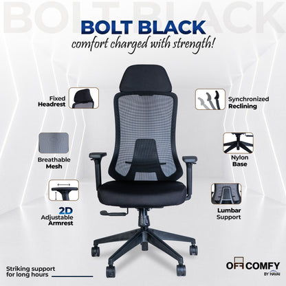 Off Comfy by HAVAI - Bolt Black Ergonomic Office Chair |  Yuva Mesh Back | 4D Arms with PU Pad | 1D Lumbar Support |  Auto Weight Mechanism with 4-Point Lock | Seat Slider | Crystal Chrome Base | 60mm Castors