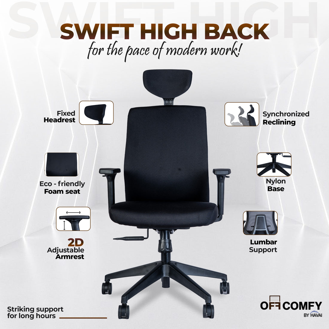 Off-Comfy by HAVAI Swift High Back Ergonomic Office Chair | Fixed Headrest | 3D Adjustable Armrest | Lumbar Support | Synchronized Recline | Chrome Base | Work from Home &amp; Office Chair
