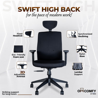 Off-Comfy by HAVAI Swift High Back Ergonomic Office Chair | Fixed Headrest | 3D Adjustable Armrest | Lumbar Support | Synchronized Recline | Chrome Base | Work from Home &amp; Office Chair