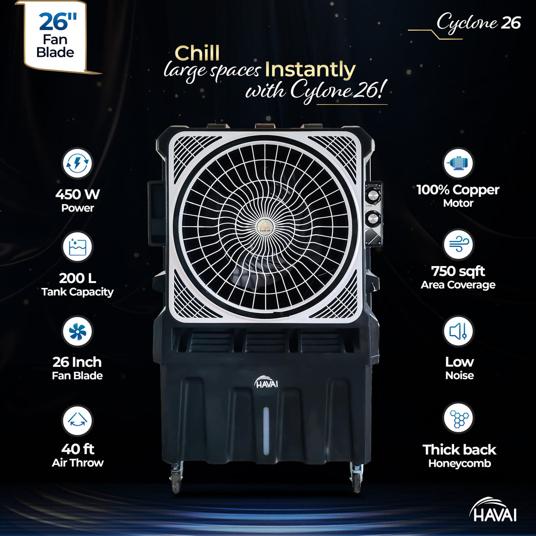 HAVAI Cyclone 26 Desert Air Cooler | 26&quot; Fan Blade | 200L Tank Capacity | 440W High-Performance Cooling | 750 Sq. Ft. Coverage | Auto Swing | Three Side Honeycomb Pads | Lockable Wheels | Black