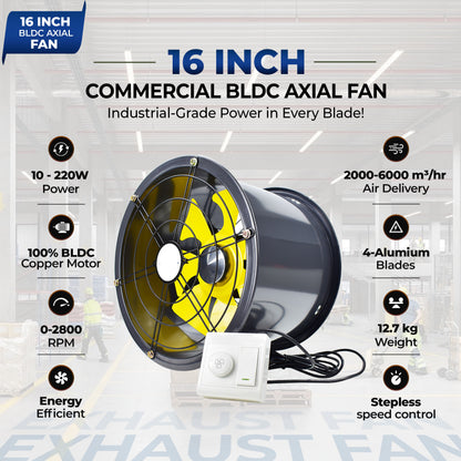 16-Inch Commercial BLDC Axial Fan | Stepless Speed Control | Low Noise | Aluminium Blade | 2000–6000 m³/h Air Volume | 40–80% Energy Saving | No Winding Burnouts | 2-Year BLDC Motor Warranty
