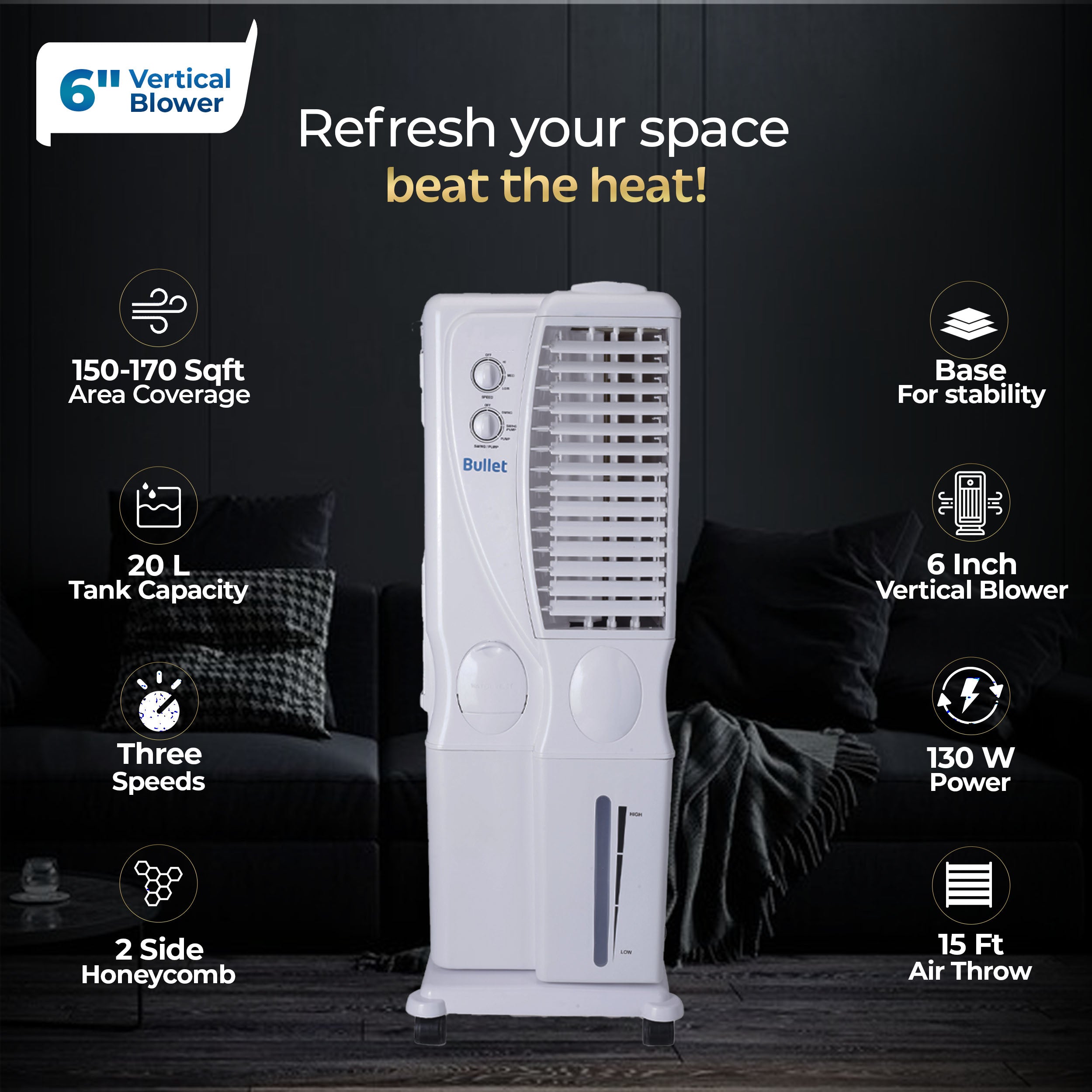 Bullet Tower Air Cooler - 20 Liter, White