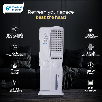 Bullet Tower Air Cooler - 20 Liter, White