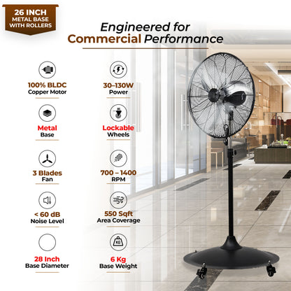HAVAI 26-Inch Commercial BLDC Pedestal Fan (30–130W) | 2mm Aluminium Blades | Heavy-Duty Metal Base with 4 Lockable Industrial Wheels | Fingerproof Grill | High Airflow | 2-Year On-Site Warranty