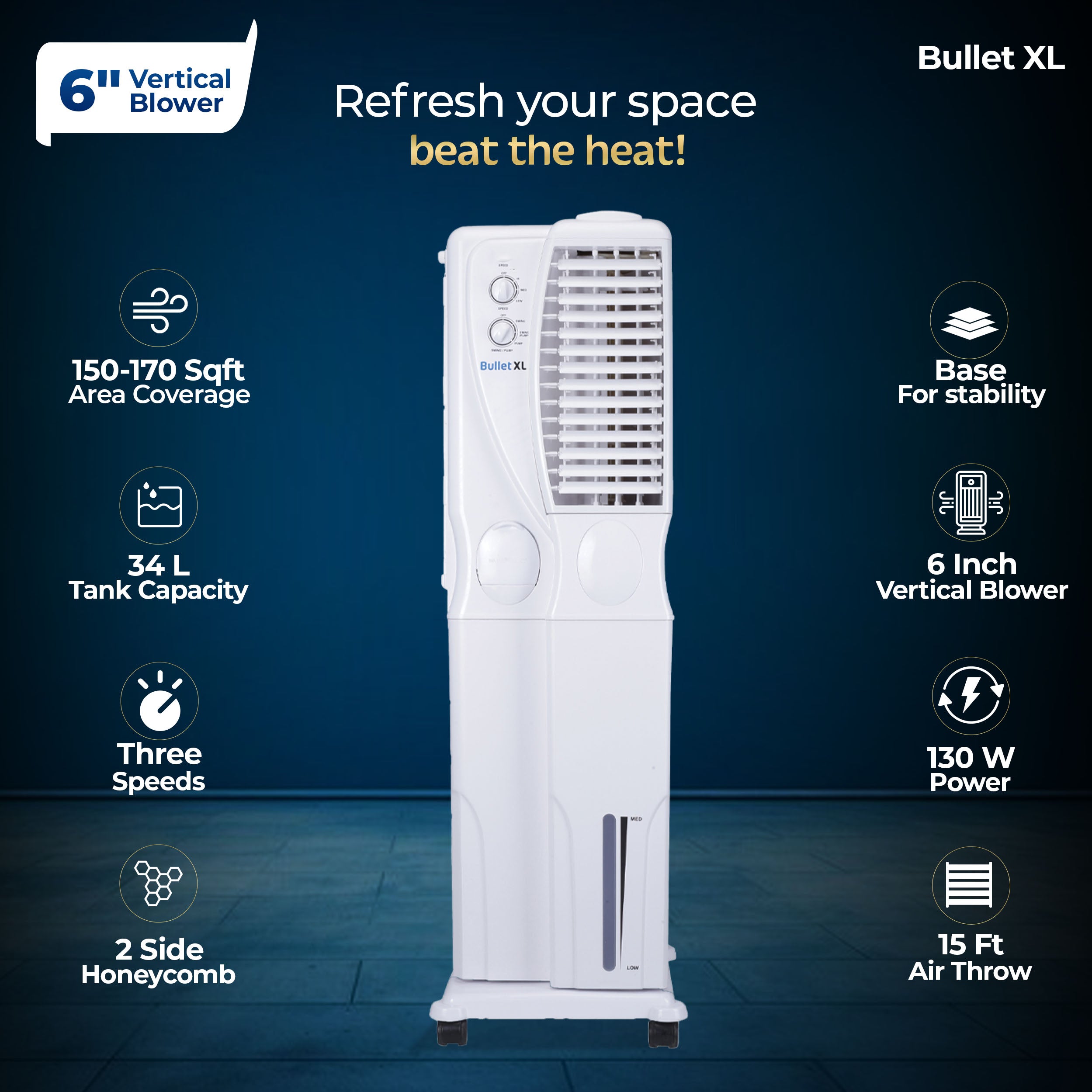 Bullet XL Tower Air Cooler - 34 Liter, White