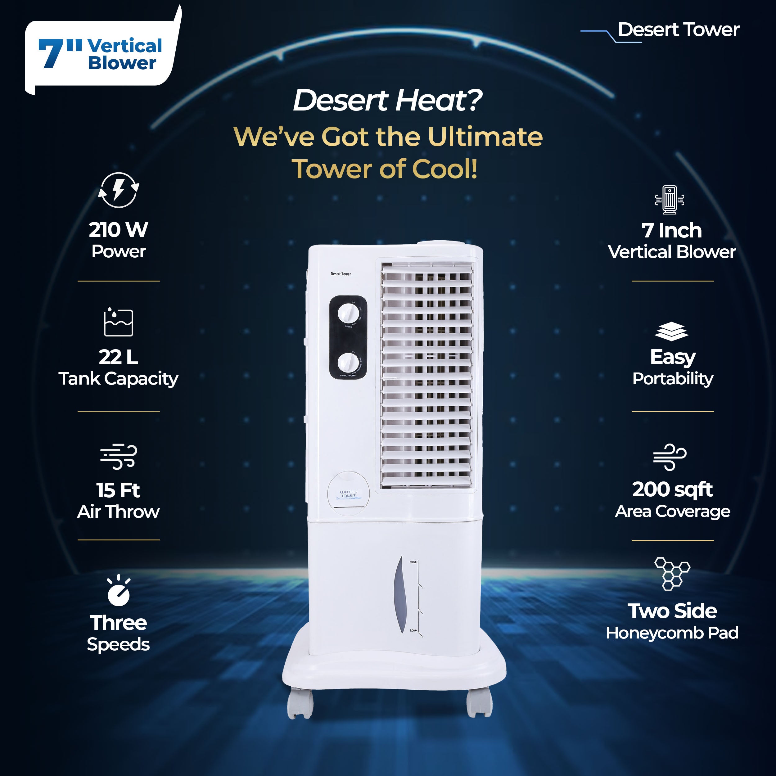Desert Tower Cooler with Blower, 22 L, White
