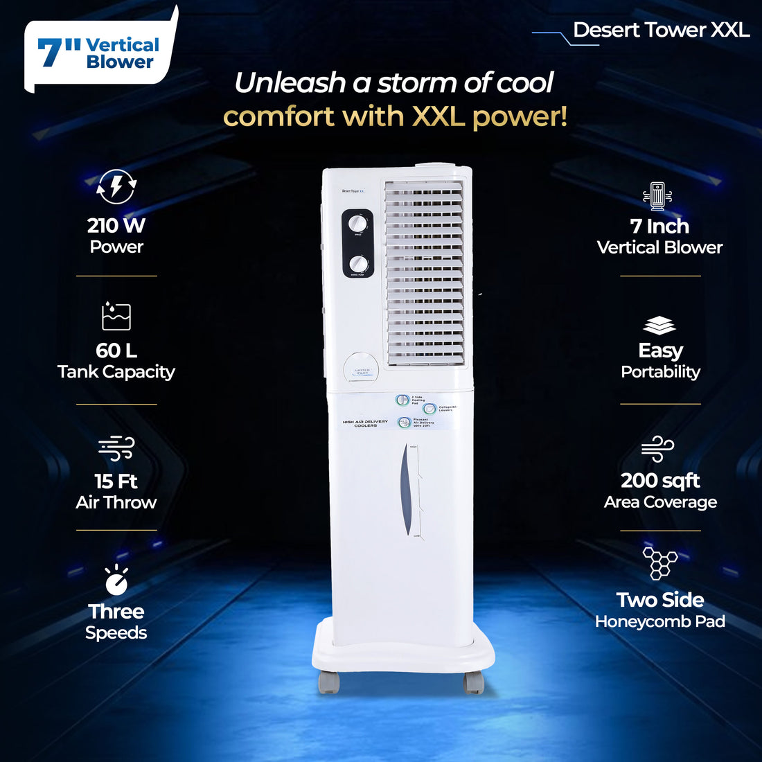 Desert Tower XXL Cooler with Powerful Vertical ABS Blower - 60 L, White