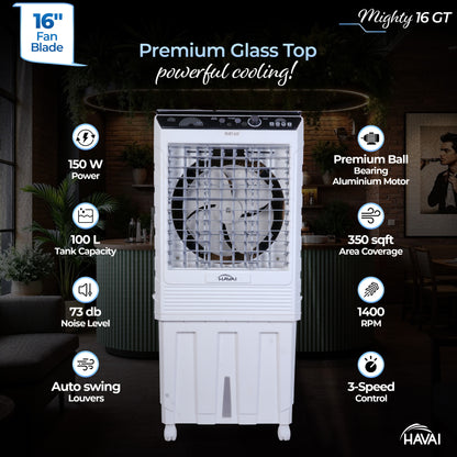 HAVAI Mighty 16 GT Glass Top Desert Air Cooler for Home &amp; Commercial Use | 16 Inch Fan, 100L Tank, 5190 m³/hr Air Delivery | 350 Sq Ft Coverage | Honeycomb Pads, Aluminium Motor, Low Noise | White &amp; Grey