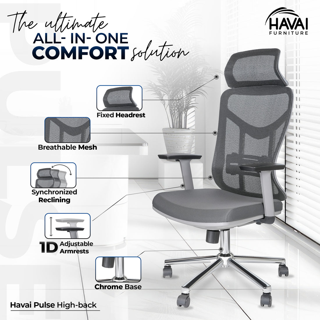 HAVAI Pulse High Back Ergonomic Mesh Office Chair |  Multi-Lock Tilt Mechanism | Chrome Base| Breathable Mesh Back | Fixed Headrest (Grey)
