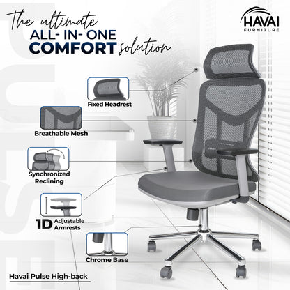HAVAI Pulse High Back Ergonomic Mesh Office Chair |  Multi-Lock Tilt Mechanism | Chrome Base| Breathable Mesh Back | Fixed Headrest (Grey)