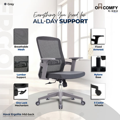 HAVAI Ergolite Mid Back Ergonomic Mesh Office Chair |  One Lock Tilt Mechanism | Fixed Armrests | Nylon Base |  Breathable Mesh Back (Grey)