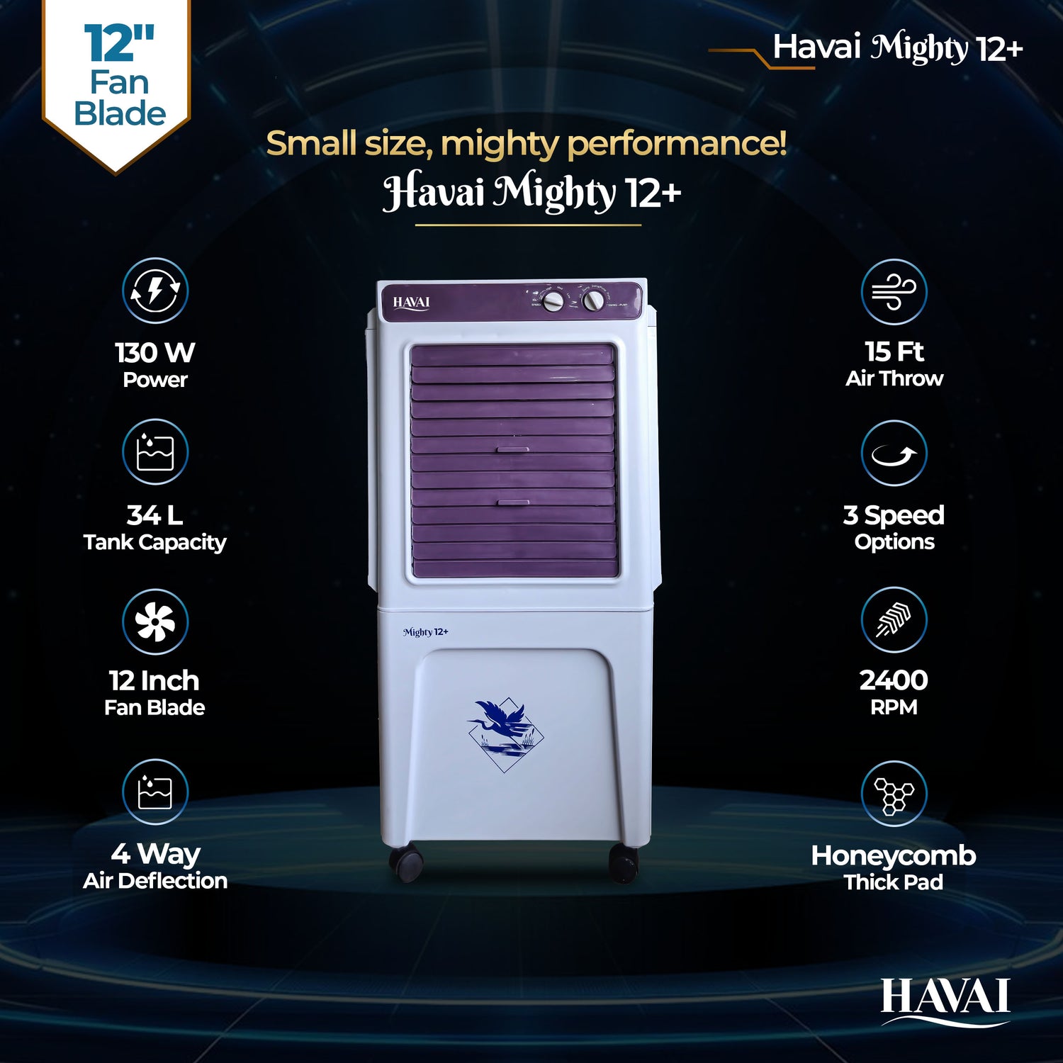 HAVAI Mighty 12+ | 12-Inch Personal Air Cooler | 36L Tank | 3-Side Honeycomb | Auto Swing | 3-Speed | 2400 RPM Motor | Vibrant Color | 200 Sq. Ft. Coverage