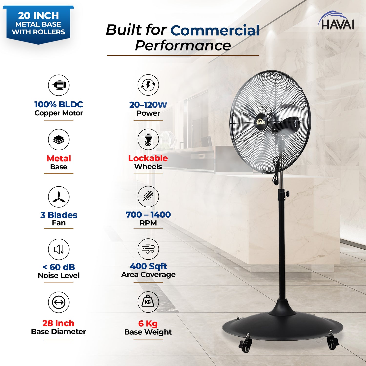 HAVAI 20-Inch Commercial BLDC Pedestal Fan (20–120W) | 2mm Aluminium Blades | Metal Base with 4 Lockable Industrial Wheels | Fingerproof Safety Grill | 4-Speed | 2-Year On-Site Warranty