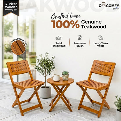 HAVAI Teakwood Foldable Balcony Furniture Set | 2 Chairs &amp; 1 Table | Premium Solid Teak Wood Outdoor Patio Set | Garden, Balcony, Terrace &amp; Cafe Furniture | Pre-Assembled Natural Wood Finish (BROWN)